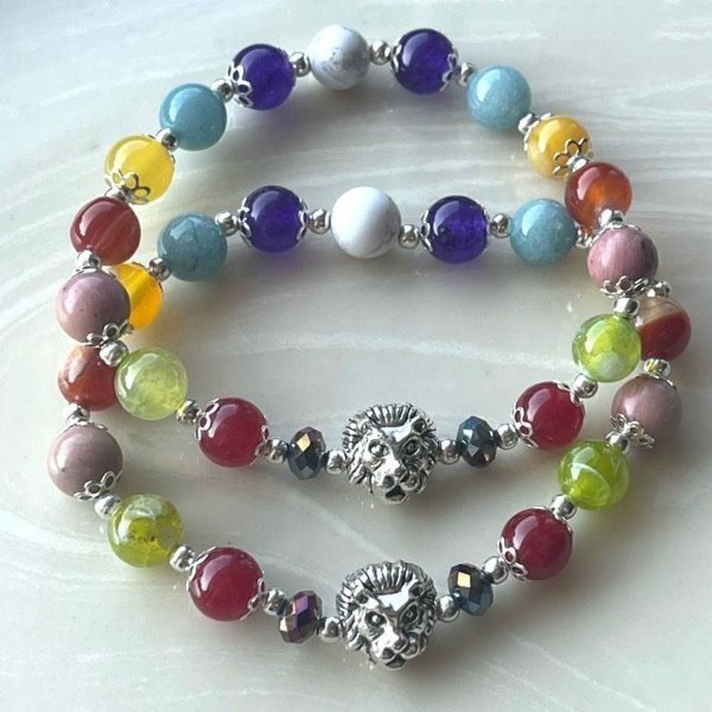 Lion head one NEW stretch bracelet beaded rainbow carnelian rhodonite Amazonite